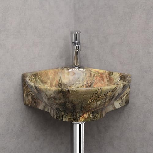 REMANENCE Wall Mounted Wash Basin for Bathroom | Ceramic Wash Basin Wall Hung Small Corner Wash Basin/Sink (16.3 x 13.8 x 4.3 Inch) (Marble Green) - Image 4