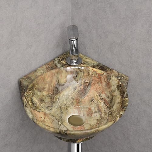 REMANENCE Wall Mounted Wash Basin for Bathroom | Ceramic Wash Basin Wall Hung Small Corner Wash Basin/Sink (16.3 x 13.8 x 4.3 Inch) (Marble Green) - Image 3