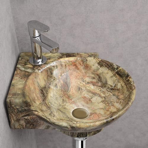 REMANENCE Wall Mounted Wash Basin for Bathroom | Ceramic Wash Basin Wall Hung Small Corner Wash Basin/Sink (16.3 x 13.8 x 4.3 Inch) (Marble Green) - Image 1