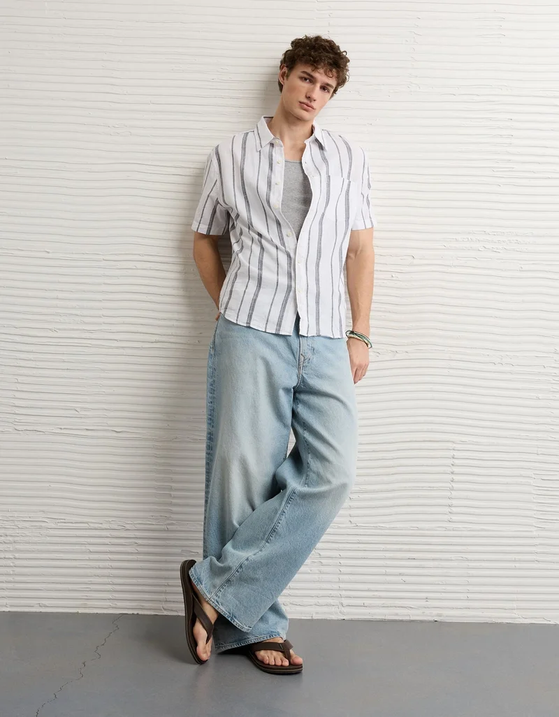 American Eagle AE Standard Fit Linen-Blend Button-Up Shirt