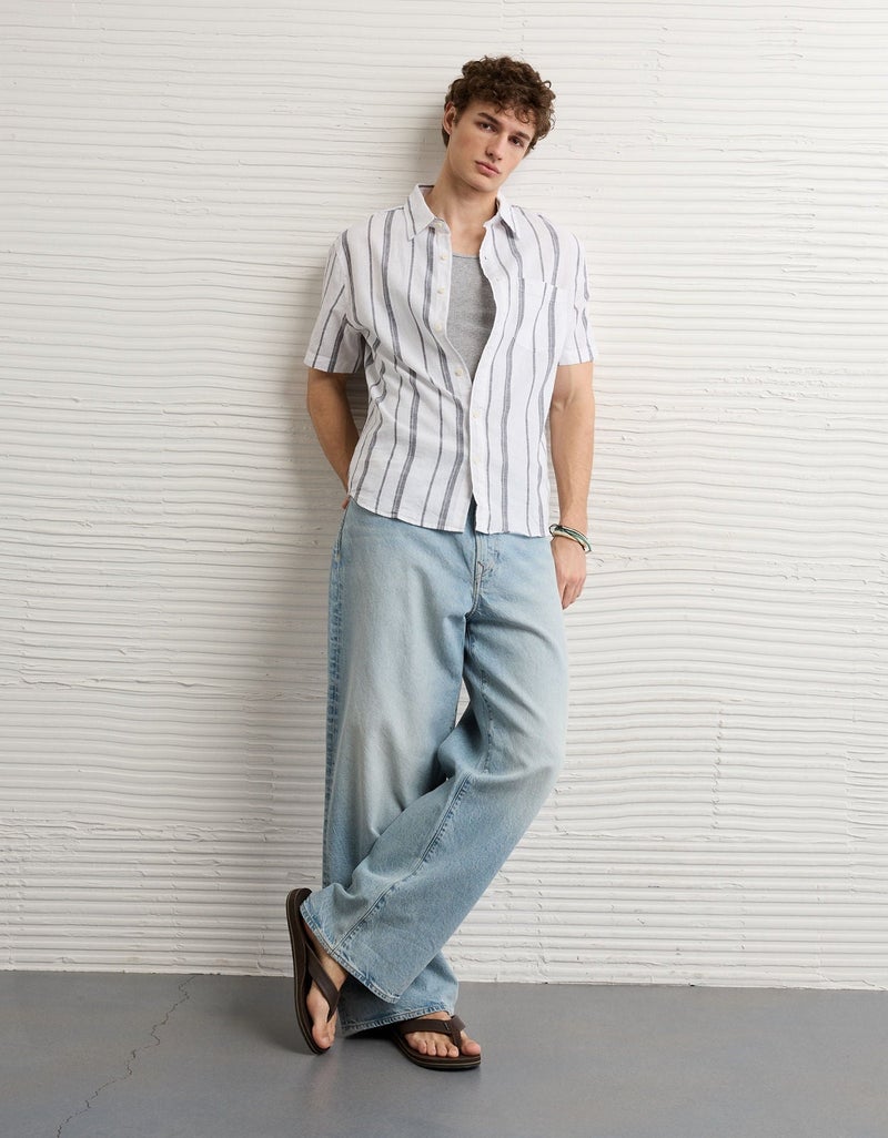 American Eagle AE Standard Fit Linen-Blend Button-Up Shirt - Image 1