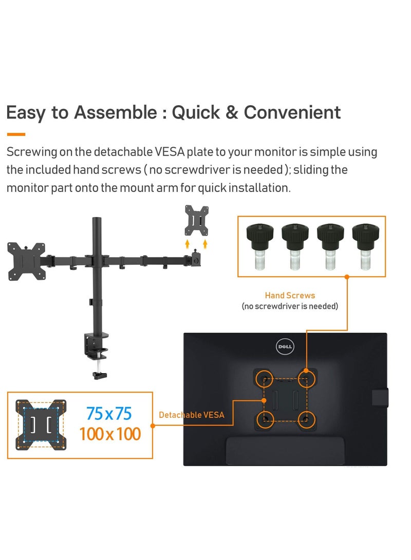 Arabest Dual Monitor Stand, Desk Mount, Monitor Arm for 2 LCD LED Monitor Screens up to 27", Heavy Duty Fully Adjustable Stand, Gaming Monitor Stand with Clamp and Grommet Mounting Base  - Image 5