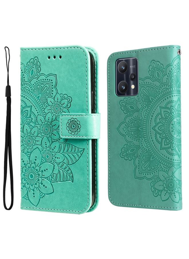 HuHa Case Cover For Realme 9 Pro/Realme V25 7-petal Flowers Embossing Pattern Horizontal Flip Leather Case Green 