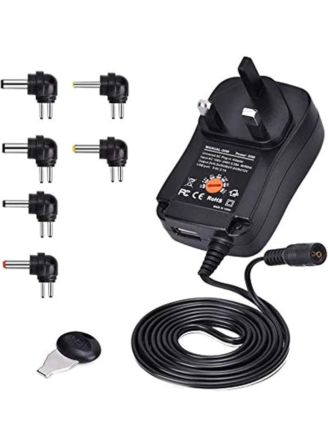 promass 30W Universal AC/DC, 3V 4.5V 6V 9V 12V Adapter with 6 Tips for Household Electronics (Plug Type: UK), black - Image 1