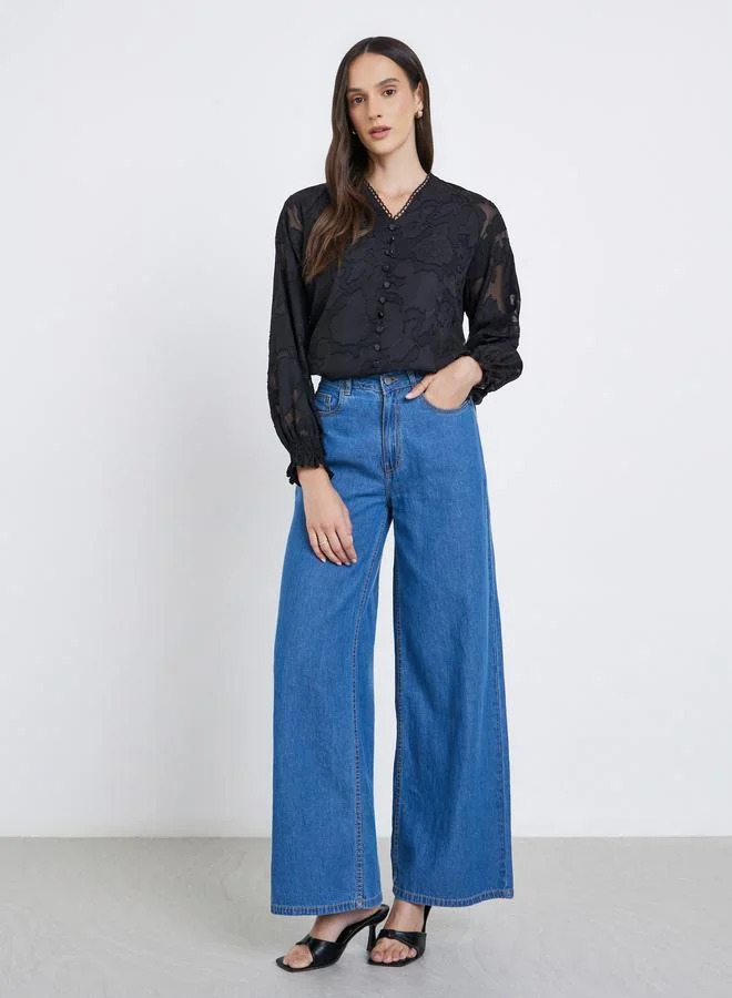 Styli Styli  Jacquard V-Neck Blouse with Button Detail