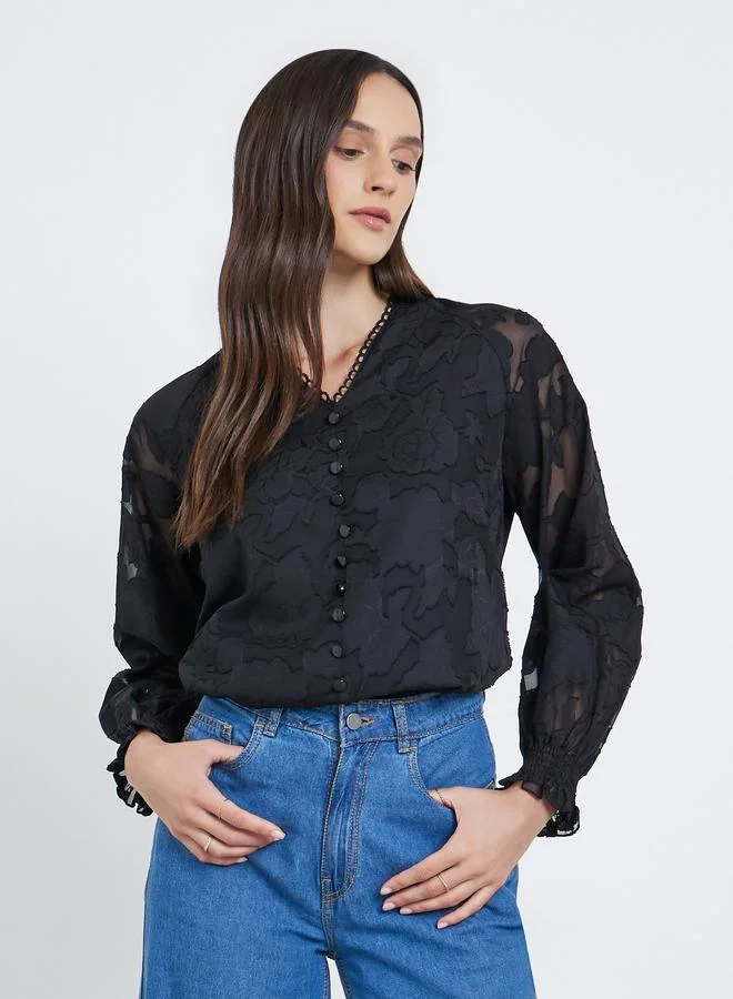 Styli Styli  Jacquard V-Neck Blouse with Button Detail
