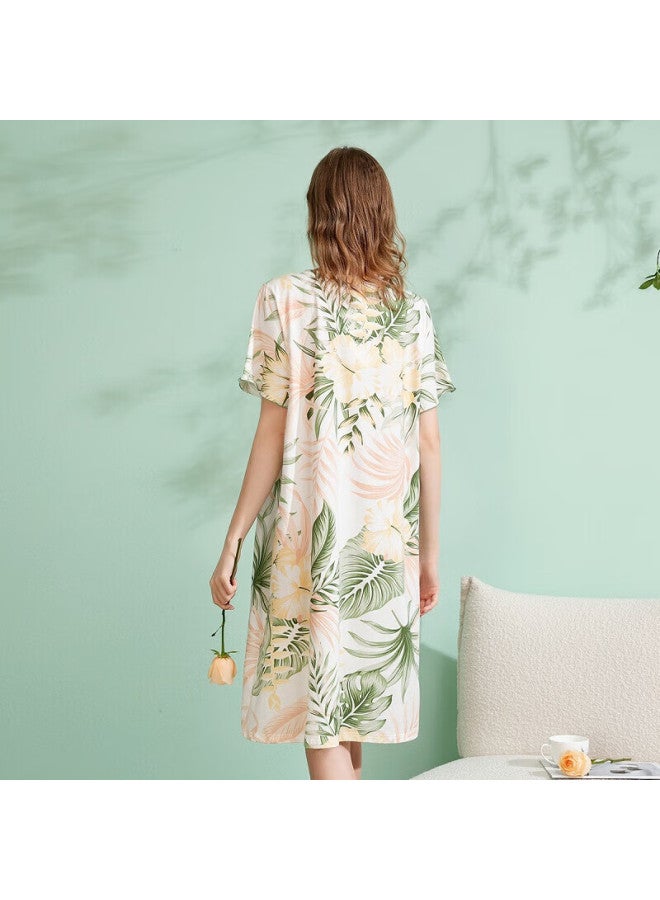 Fenton Fenteng Women's Summer Cotton Short Sleeve Nightgown, Breathable, Elegant Plant Floral Print Home Wear, Perfect Gift For Girlfriend - Image 1