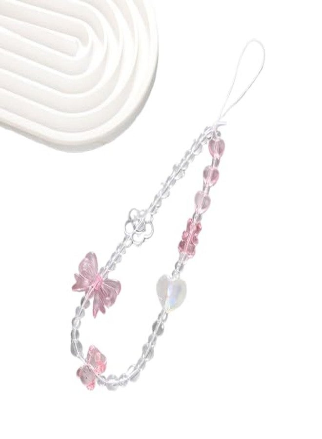 SIMAR ART 2 pcs pink colored charm Chain Lanyard Wrist Strap Soft TPU Shockproof Protective Girly,Crystal Glass Beaded Bracelet with Pink Butterfly and Flower Charms, Transparent and Pink - Image 1