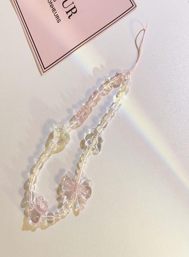 SIMAR ART 2 pcs pink colored charm Chain Lanyard Wrist Strap Soft TPU Shockproof Protective Girly,Crystal Glass Beaded Bracelet with Pink Butterfly and Flower Charms, Transparent and Pink - Image 4