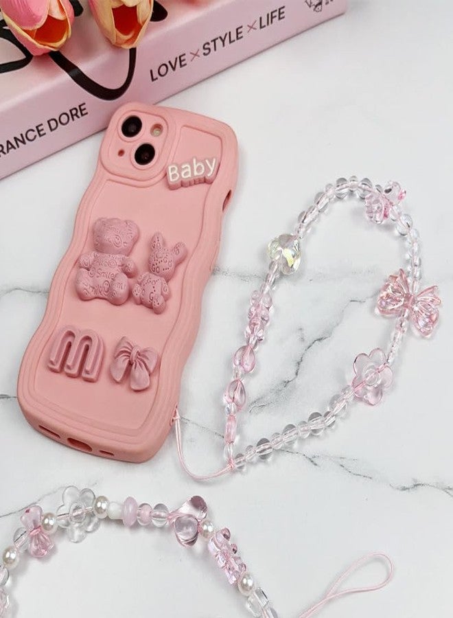 SIMAR ART 2 pcs pink colored charm Chain Lanyard Wrist Strap Soft TPU Shockproof Protective Girly,Crystal Glass Beaded Bracelet with Pink Butterfly and Flower Charms, Transparent and Pink - Image 2