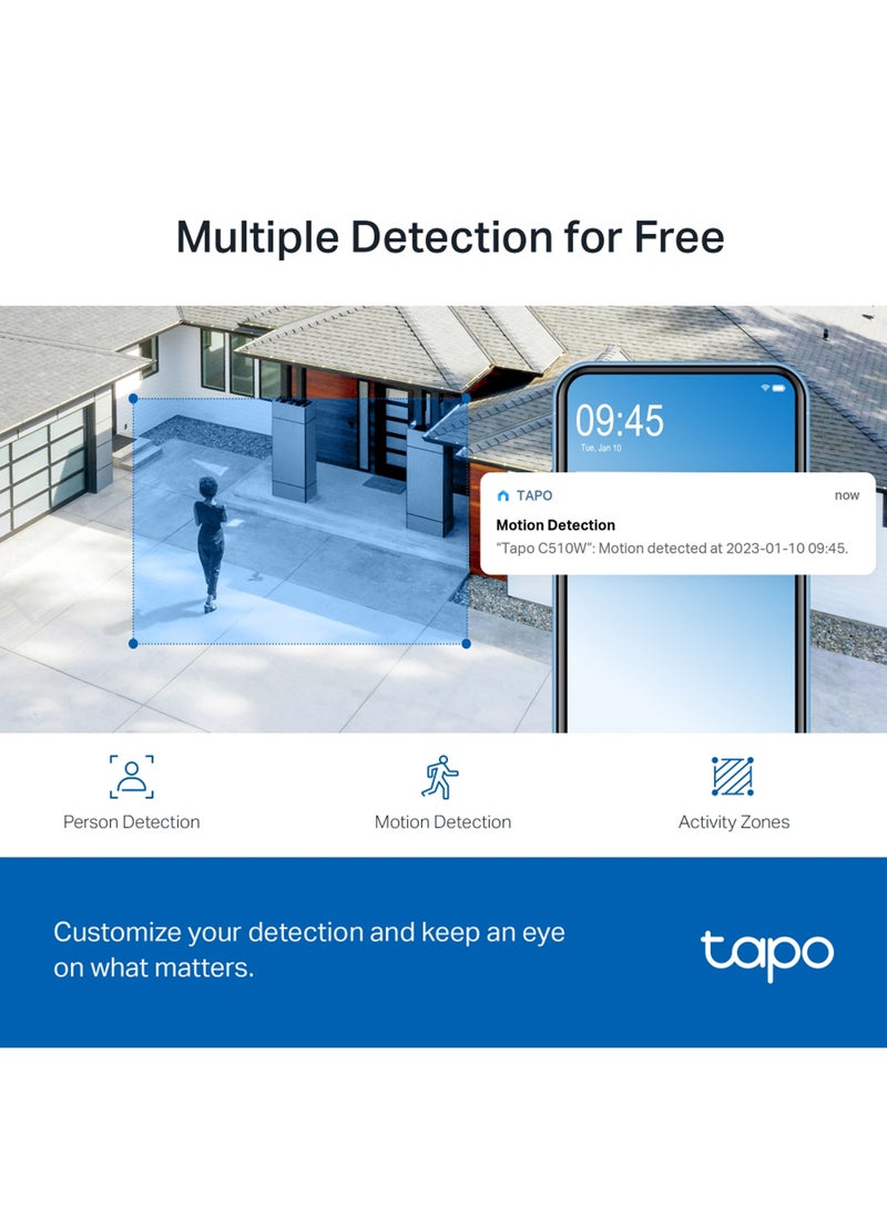 تي بي لينك كاميرا أمان خارجية سلكية Tapo C510W 2K Pan/Tilt Wi-Fi، عرض 360 درجة، تتبع الحركة، تعمل مع Alexa وGoogle Home، رؤية ليلية ملونة، اكتشاف الذكاء الاصطناعي المجاني، تخزين سحابي وبطاقة SD (حتى 512 جيجابايت) - Image 5