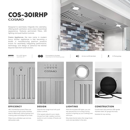 COSMO COS-30IRHP 30 in. Lumin Collection 380 CFM Ducted Insert Range Hood, Button Controls, LED Lights, Stainless Steel - Image 3