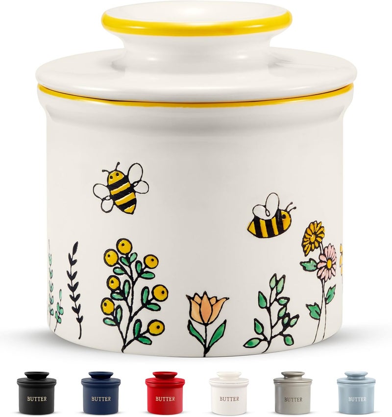 Kook Butter Keeper Dish, French Ceramic Crock with Lid, Embossed Container, For Soft Butter, (Meadow) - Image 1
