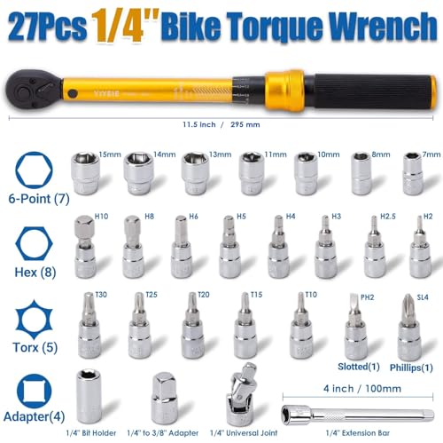 YIYEIE 1/4 Inch Drive Bike Torque Wrench, 1-25 Nm (10-222.5 in.lb), 27 PCS Click Bicycle Torque Wrench with Bit Sockets, 0.1 Nm Micro, 72-Tooth Ratchet, 3/8 Adapter, for MTB, E-Bike, Motorcycle - Image 3