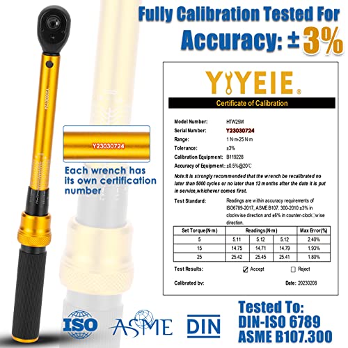 YIYEIE 1/4 Inch Drive Bike Torque Wrench, 1-25 Nm (10-222.5 in.lb), 27 PCS Click Bicycle Torque Wrench with Bit Sockets, 0.1 Nm Micro, 72-Tooth Ratchet, 3/8 Adapter, for MTB, E-Bike, Motorcycle - Image 5