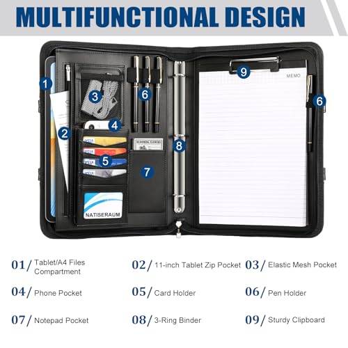 NATISERAUM Portfolio Binder 3 Ring Includes Pen and 5 Dividers with 10 Pockets, Padfolio Organizer with Zipper for Men and Women, Includes A4 Notepad for Business, School, Work - Image 4