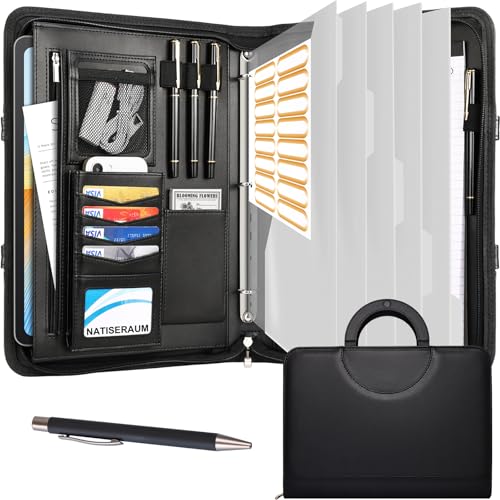 NATISERAUM Portfolio Binder 3 Ring Includes Pen and 5 Dividers with 10 Pockets, Padfolio Organizer with Zipper for Men and Women, Includes A4 Notepad for Business, School, Work - Image 1