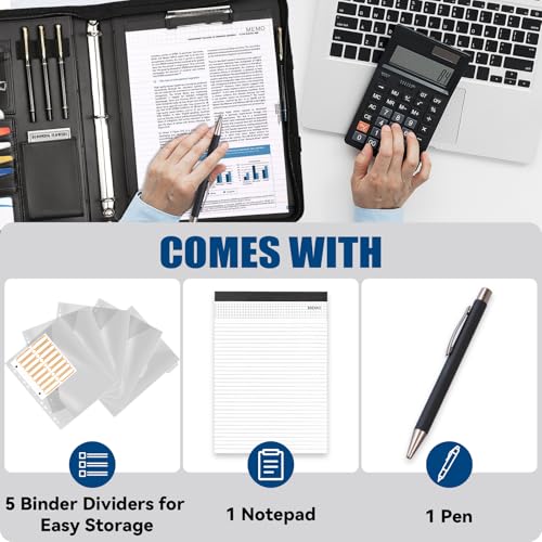 NATISERAUM Portfolio Binder 3 Ring Includes Pen and 5 Dividers with 10 Pockets, Padfolio Organizer with Zipper for Men and Women, Includes A4 Notepad for Business, School, Work - Image 5
