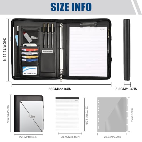 NATISERAUM Portfolio Binder 3 Ring Includes Pen and 5 Dividers with 10 Pockets, Padfolio Organizer with Zipper for Men and Women, Includes A4 Notepad for Business, School, Work - Image 2