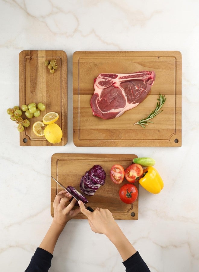 Sango Acacia Cutting Board Set with Juice Grooves and Hanging Holes, 3-Piece - Wood Chopping Boards, Stackable & Reversible for Kitchen, Non-Toxic, Perfect as Butcher Block Countertop, Atelier - Image 2