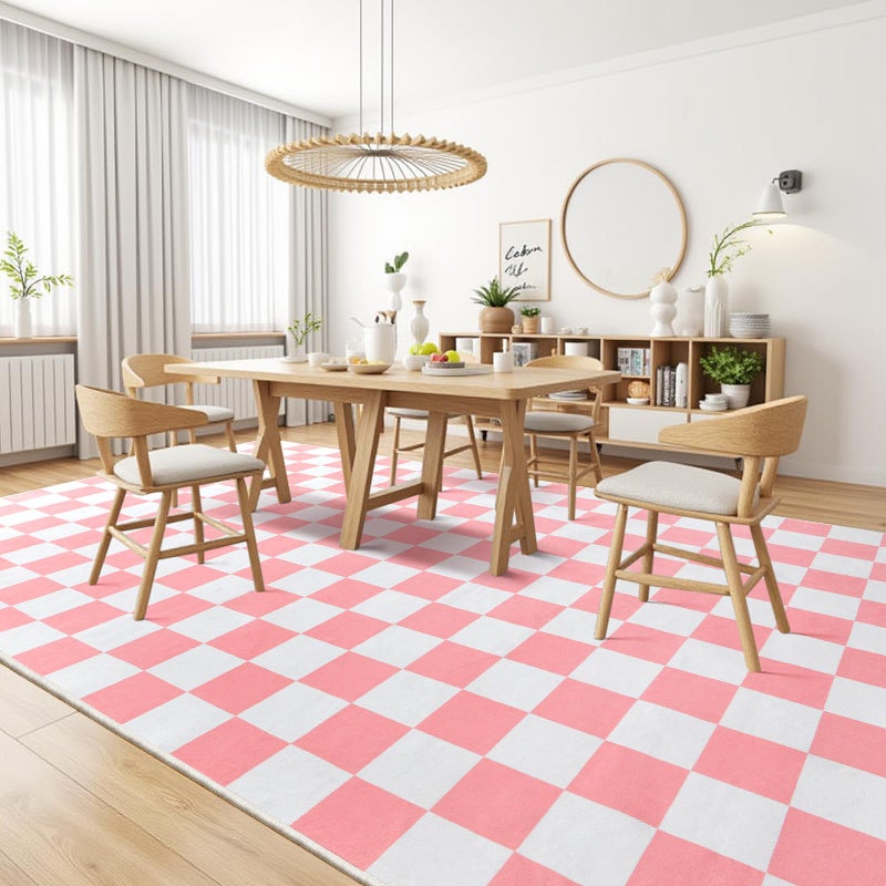 Terrug Pink and White Checkered Rug for Bedroom,4x6 Area Rugs Washable with Non Slip for Living Room,Soft Low Pile Stain Resistance Retro Carpet for Dorm Kids Room - Image 4