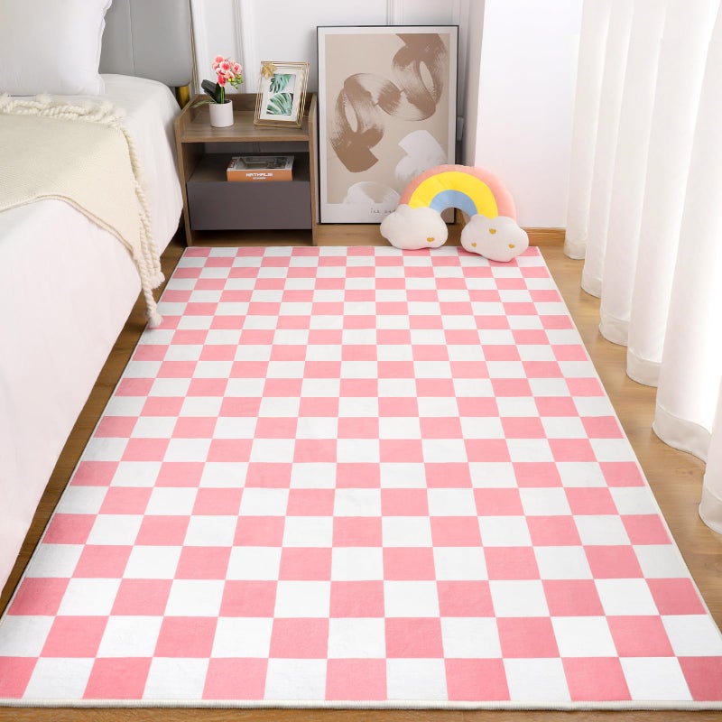 Terrug Pink and White Checkered Rug for Bedroom,4x6 Area Rugs Washable with Non Slip for Living Room,Soft Low Pile Stain Resistance Retro Carpet for Dorm Kids Room - Image 1