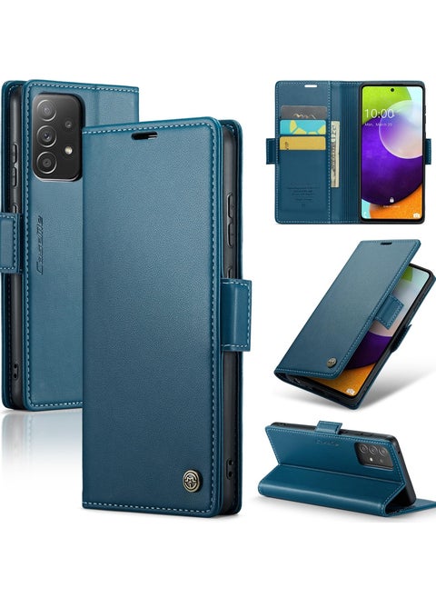 Phone Case Luxury PU Leather Design Anti Fingerprint 023 Flip Cover Card Slot Holder Cover For Samsung Galaxy A52 / A52s (Blue)