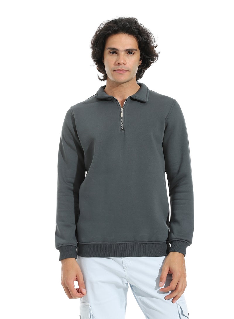 Andora Turned Down Collar Zipper Closure Sweatshirt _ Dark Grey - Image 1