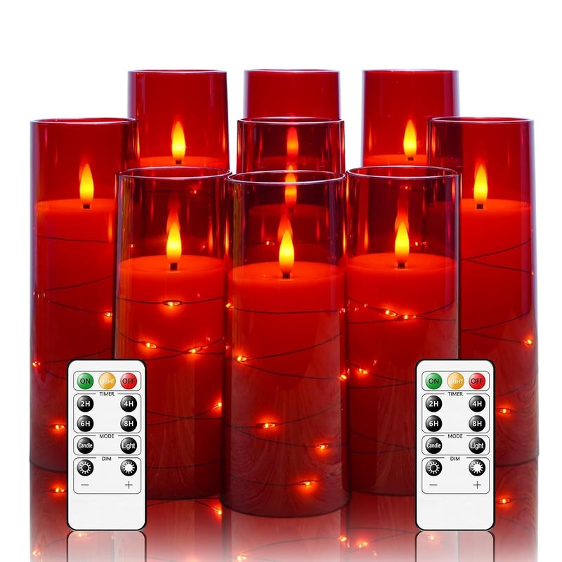 LTETTES Red Flameless LED Candles | 9 Pc Set with Timer | 5", 6", 7" – 3 Each Size | Embedded Star String Lights | Acrylic Shell | Battery Operated | Romantic Ambiance & Home Decor - Image 1