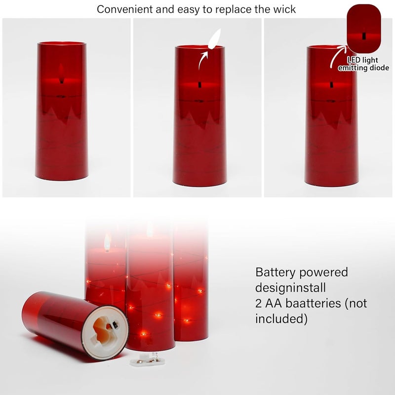LTETTES Red Flameless LED Candles | 9 Pc Set with Timer | 5", 6", 7" – 3 Each Size | Embedded Star String Lights | Acrylic Shell | Battery Operated | Romantic Ambiance & Home Decor - Image 5