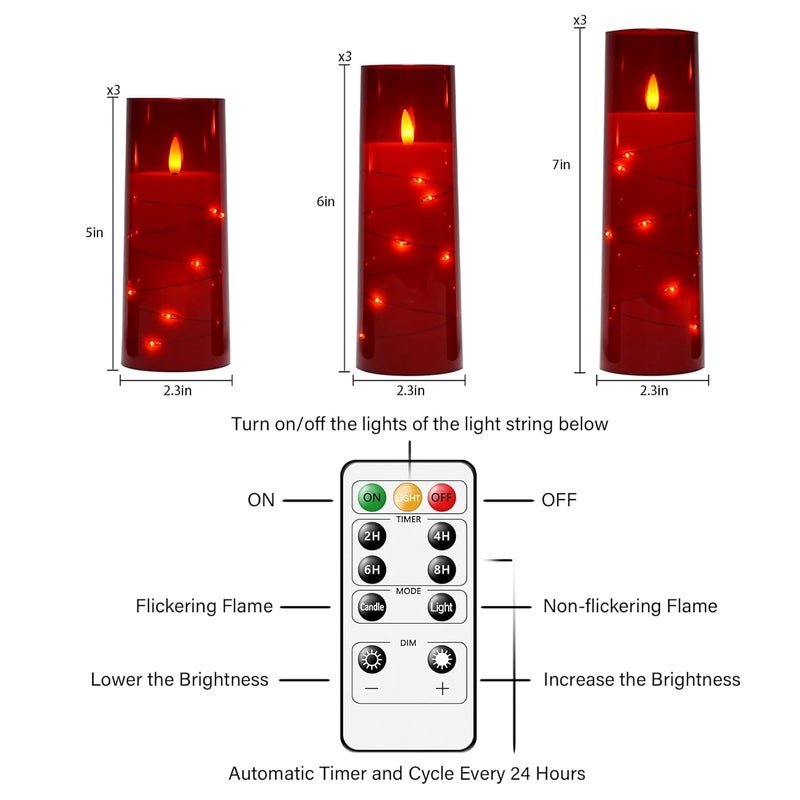 LTETTES Red Flameless LED Candles | 9 Pc Set with Timer | 5", 6", 7" – 3 Each Size | Embedded Star String Lights | Acrylic Shell | Battery Operated | Romantic Ambiance & Home Decor - Image 2