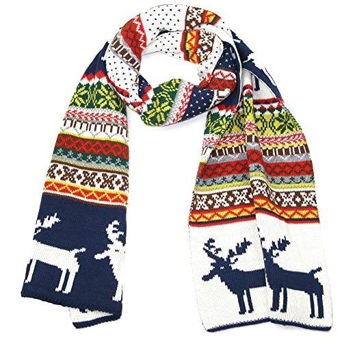 LOVARZI Christmas Scarves - Navy Blue Reindeer And Snowflake Knitted Warm Winter Scarf - Long Festive Themed Xmas Gifts for Ladies And Men - Image 1