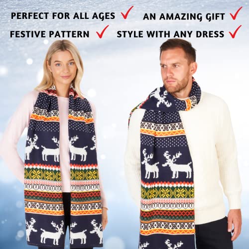 LOVARZI Christmas Scarves - Navy Blue Reindeer And Snowflake Knitted Warm Winter Scarf - Long Festive Themed Xmas Gifts for Ladies And Men - Image 2