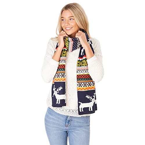 LOVARZI Christmas Scarves - Navy Blue Reindeer And Snowflake Knitted Warm Winter Scarf - Long Festive Themed Xmas Gifts for Ladies And Men - Image 4