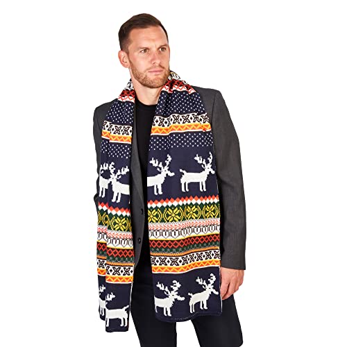 LOVARZI Christmas Scarves - Navy Blue Reindeer And Snowflake Knitted Warm Winter Scarf - Long Festive Themed Xmas Gifts for Ladies And Men - Image 3