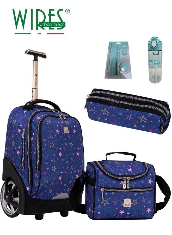 Wires 3 Piece Kids School Trolley Bag laptop compartment Big Wheels With Lunch bag u0026 Pencil Case - Image 1