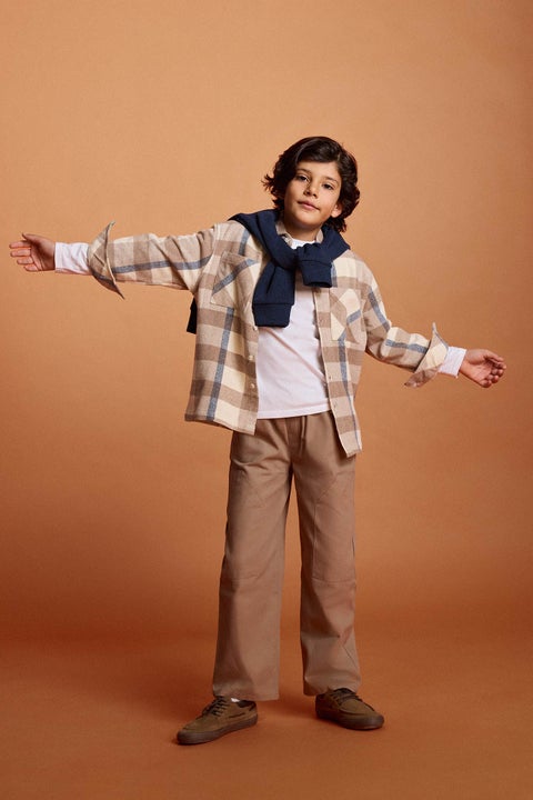 Beige Boy Boy Plaid Shirt and Pants 2 Piece Set Casual