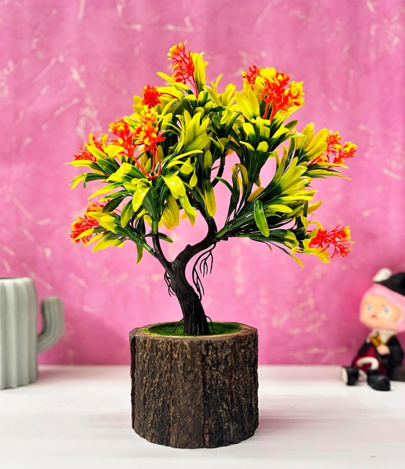 Dekorly Small Artificial Bonsai Tree Fake Plant Potted House Plants Japanese Pine Bonsai Plant Faux Bonsai for Home Indoor Decoration Office (Wooden Potted Plants, Design-J) - Image 1