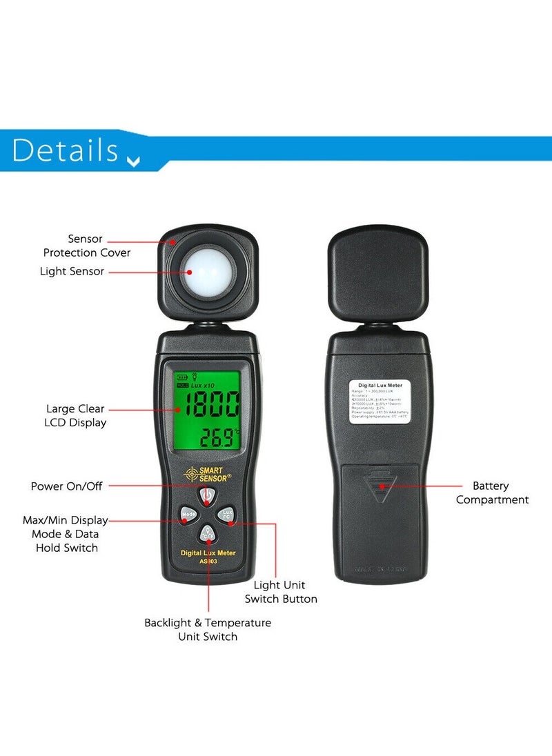 SMART SENSOR - Lux Light Meter for Photography Grow Plants Led Photometer Lighting Intensity Brightness Measurement Pocket Digital Photo Illuminance Sensor - Image 1