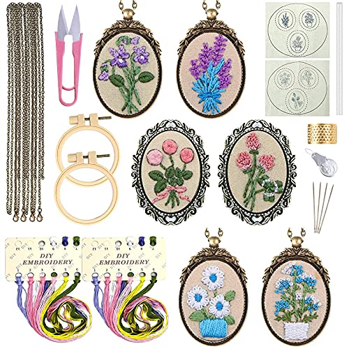 ZOCONE 6 Packs Embroidery Necklace Kits, Embroidery Pendant Kit Mini Cross Stitch Kit with Hoop, Necklace, Pendant, Brooch, Stamped Pattern Cloth, Instructions, etc. Embroidery Kits for Adults - Image 1
