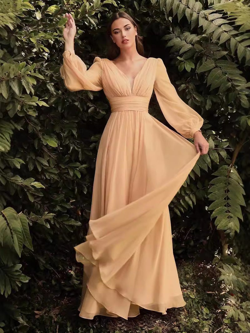 فستان سهرة أنيق جديد بأكمام طويلة من الشيفون بتصميم عميق على شكل V وزر جانبي لفستان وصيفة العروس - Image 5