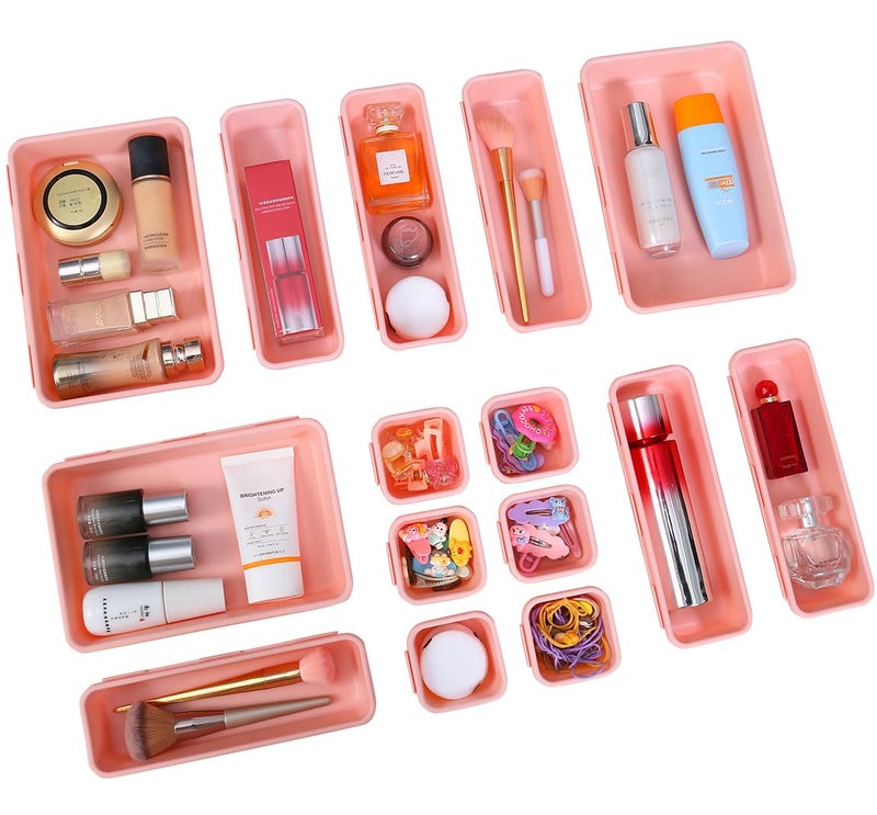 Kutesna 15 PCS Interlocking Desk Drawer Organizer Separator for Office,Bathroom,Kitchen,Makeupï¼ˆPinkï¼‰ - Image 1
