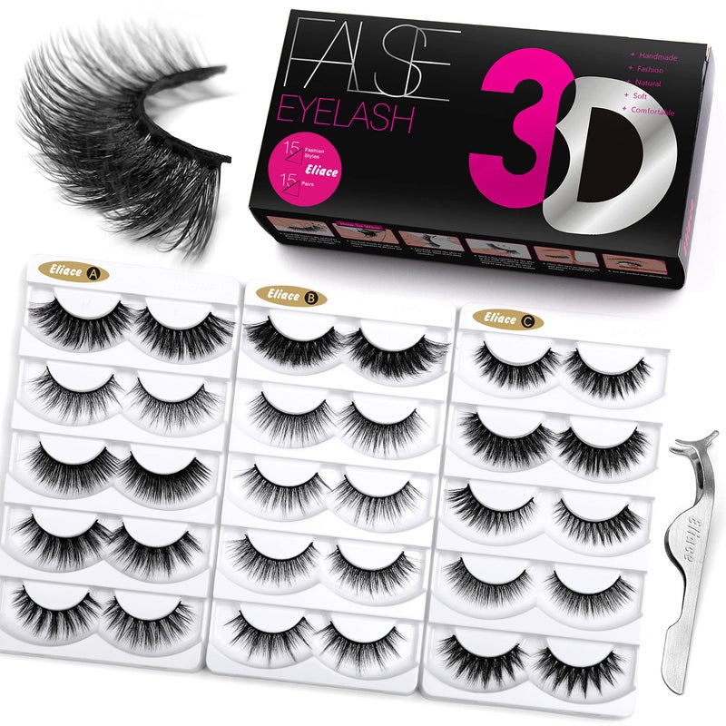 Eliace 3D Mink Lashes Natural Look 15 Mixed Styles 15 Pairs Fake Eyelashes Bulk Pack Handmade Luxurious Volume Fluffy Natural False Eyelashes Comfortable and Soft Strip False lashes for Women