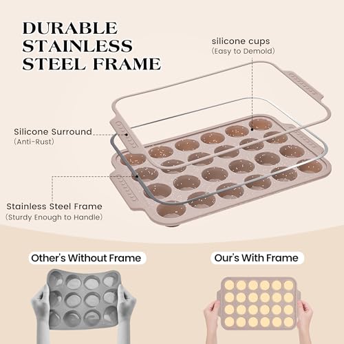 AOTASO 2 Pcs Silicone Muffin Pans for Baking with Metal Reinforced Frame, Nonstick Cupcake Tray for Oven, 24 Cups Mini Size Silicone Molds for Egg Bites, Dishwasher Safe (Brown, Cream) - Image 2