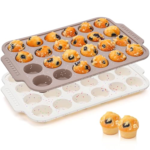 AOTASO 2 Pcs Silicone Muffin Pans for Baking with Metal Reinforced Frame, Nonstick Cupcake Tray for Oven, 24 Cups Mini Size Silicone Molds for Egg Bites, Dishwasher Safe (Brown, Cream) - Image 1