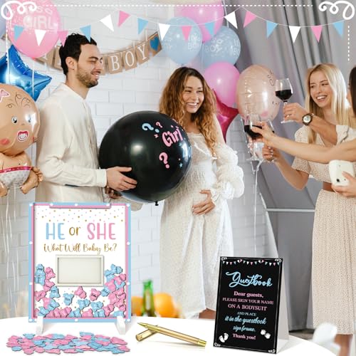 Beeveer 65 Pcs Gender Reveal Baby Shower Guest Book Alternatives He or She Gender Reveal Decorations Sign in Guest Book with Picture Frame and 60 Wooden Chip for Baby Shower He or She Party Keepsake - Image 3