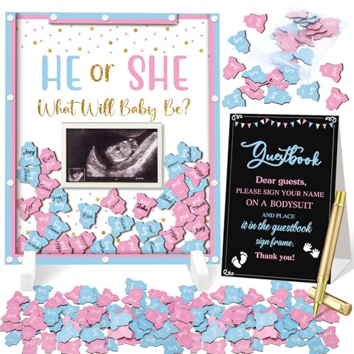 Beeveer 65 Pcs Gender Reveal Baby Shower Guest Book Alternatives He or She Gender Reveal Decorations Sign in Guest Book with Picture Frame and 60 Wooden Chip for Baby Shower He or She Party Keepsake - Image 1