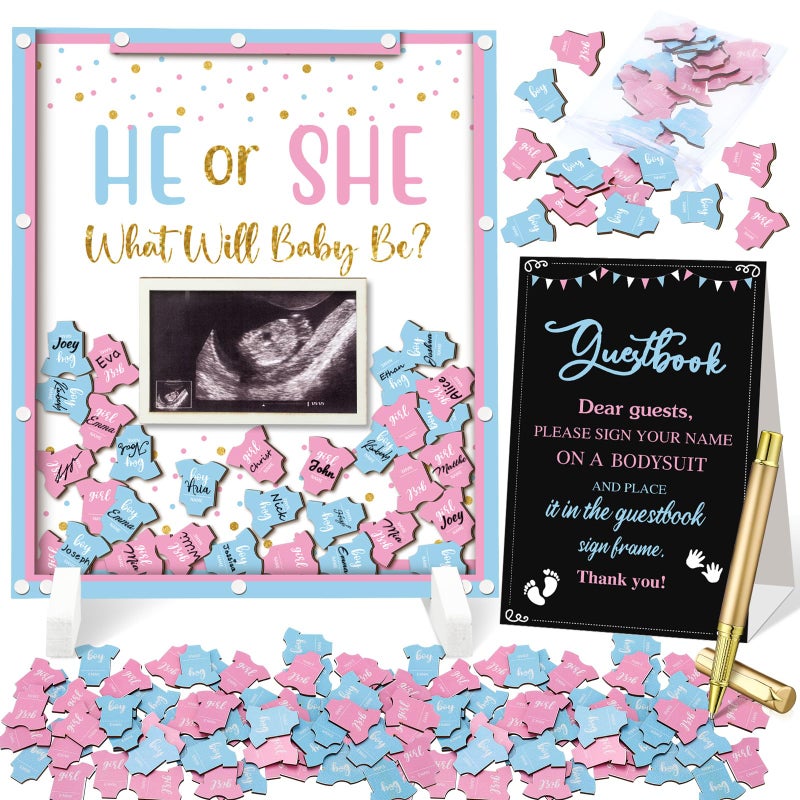 Beeveer 65 Pcs Gender Reveal Baby Shower Guest Book Alternatives He or She Gender Reveal Decorations Sign in Guest Book with Picture Frame and 60 Wooden Chip for Baby Shower He or She Party Keepsake - Image 2