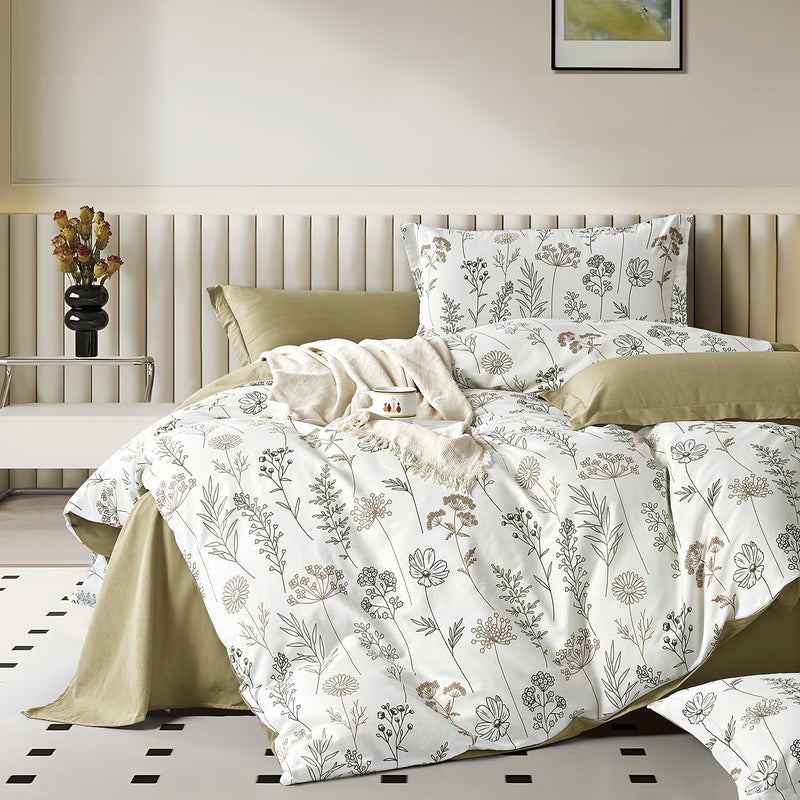 ALEISSEL White Botanical Cotton Comforter Queen Size - 3PC Lightweight Bedding Sets with Ultra-Soft Alternative Fill, Luxurious Pale Mustard Reversible Design (1 Comforter, 2 Pillowshams) - Image 1