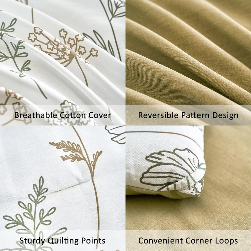 ALEISSEL White Botanical Cotton Comforter Queen Size - 3PC Lightweight Bedding Sets with Ultra-Soft Alternative Fill, Luxurious Pale Mustard Reversible Design (1 Comforter, 2 Pillowshams) - Image 4